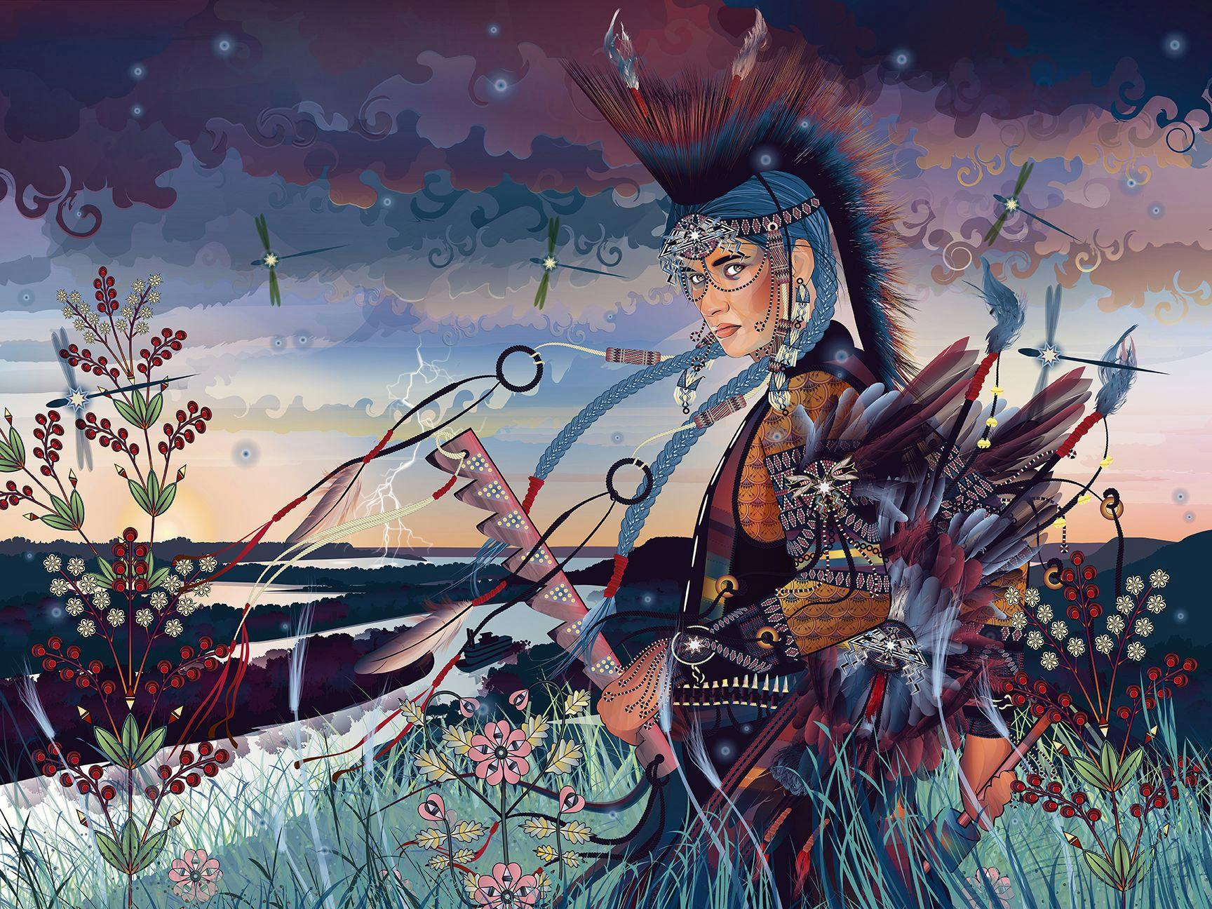A digital illustration of Wakinyan, the Dakota spirit of thunder, looking over the Mississippi River at Hemnican (Barn Bluff) in Red Wing, Minnesota. Wakinyan's patterned garments and long blue braids flow in the wind alongside stylized flowers, clouds, grasses, and water, rendered in cool blues, greens, purples, and pinks.