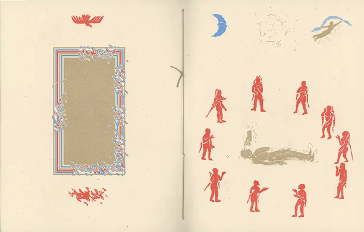 A spread of a zine depicting a golden rectangle surrounded by bands of red and cornflower on the left hand page and a circle of red figures surrounding a golden figure lying on the ground on the right hand page. Above the group is a cornflower, crescent moon and another, smaller golden figure flying into the sky.