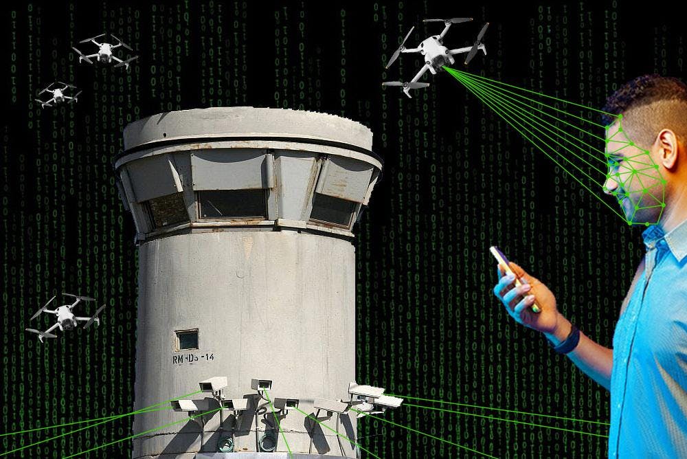 A digital collage depicts a man looking at his phone while one of several drones flying in the air scans his face with bright green rays. Behind him is a large concrete tower in front of a Matrix-like black background with columns of green numbers.